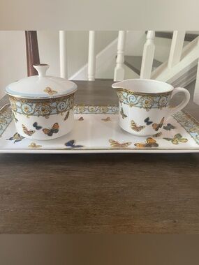 Grace's Teaware Butterflies with Blue Creamer Sugar Bowl Tray Set EUC!
